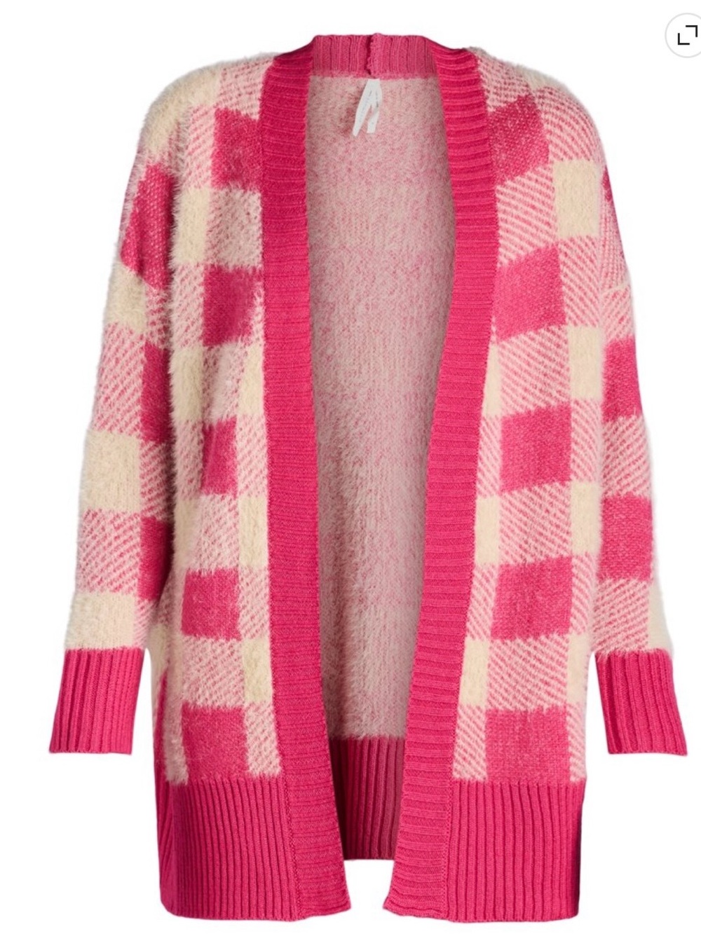 Dreamers by Debut Women's Open Front Cardigan Sweater Pink Cream Check Sz M NWT